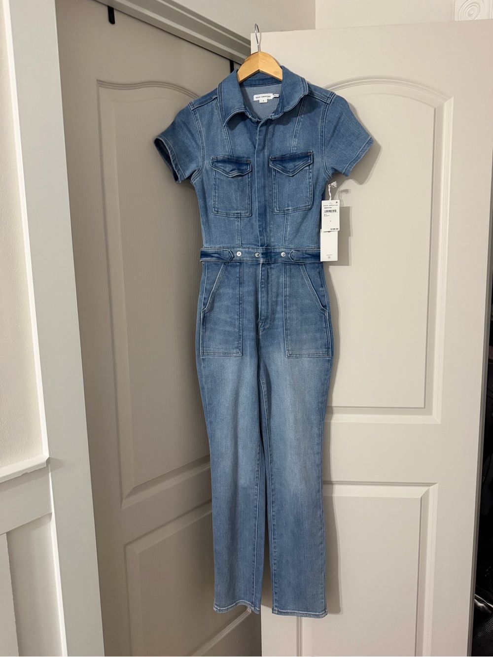 Good American Light Blue Denim Short-Sleeve Jumpsuit